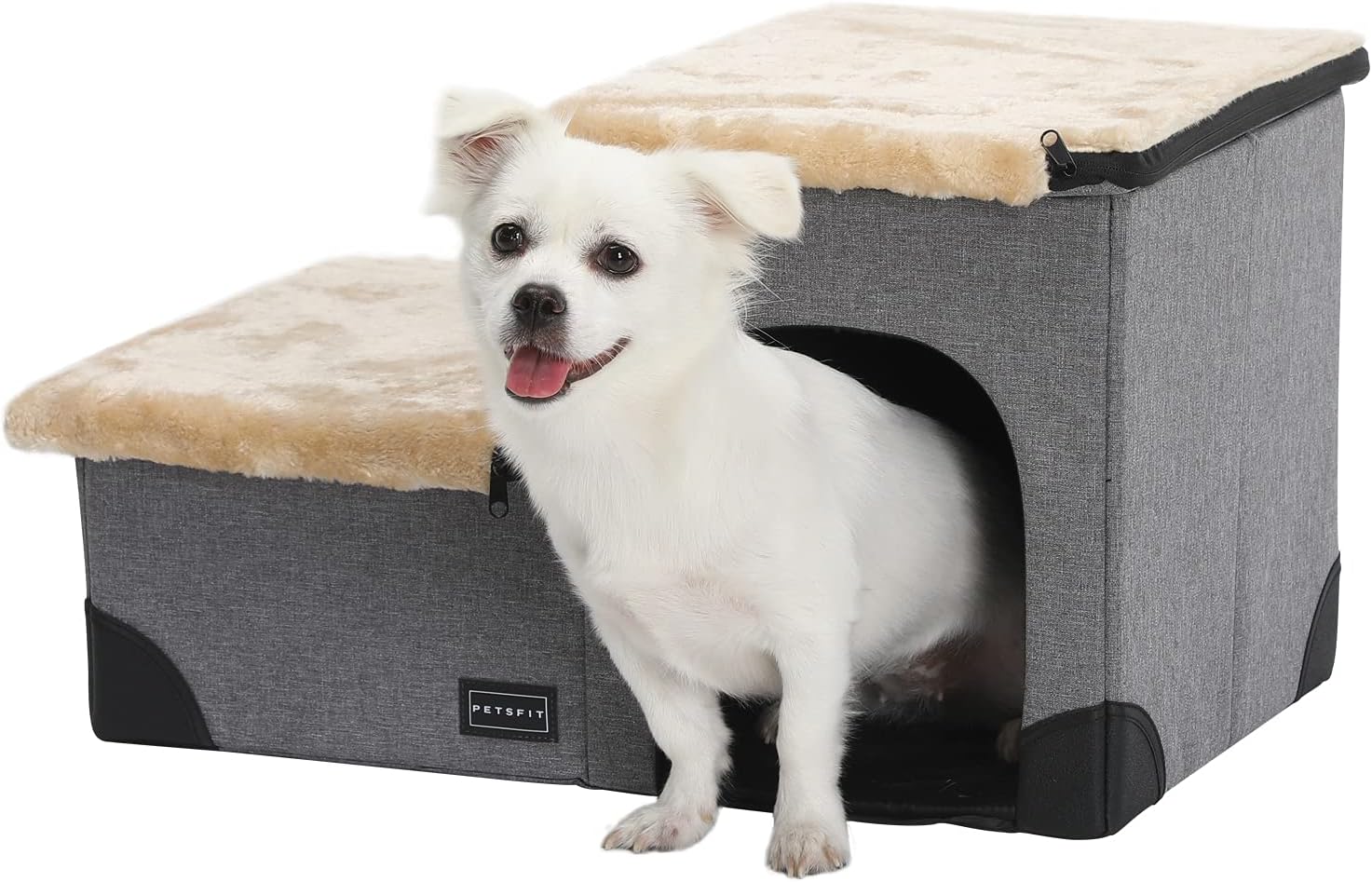 PetsfitCat Steps 3 in 1 Multi-Use with Storage Room, Dog Lounge Design, Washable and Removable Non-Slip Fleece Cover Dog Steps for Bed, Gray Linen