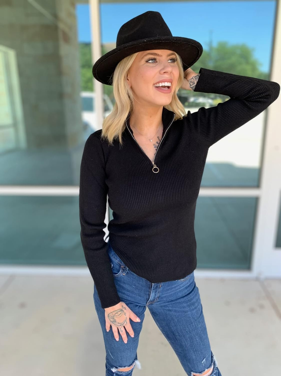 PRETTYGARDEN Spring Quarter Zip Pullover Sweaters for Women 2026 Long Sleeve Collared Fitted Ribbed Knit Tops - Image 5