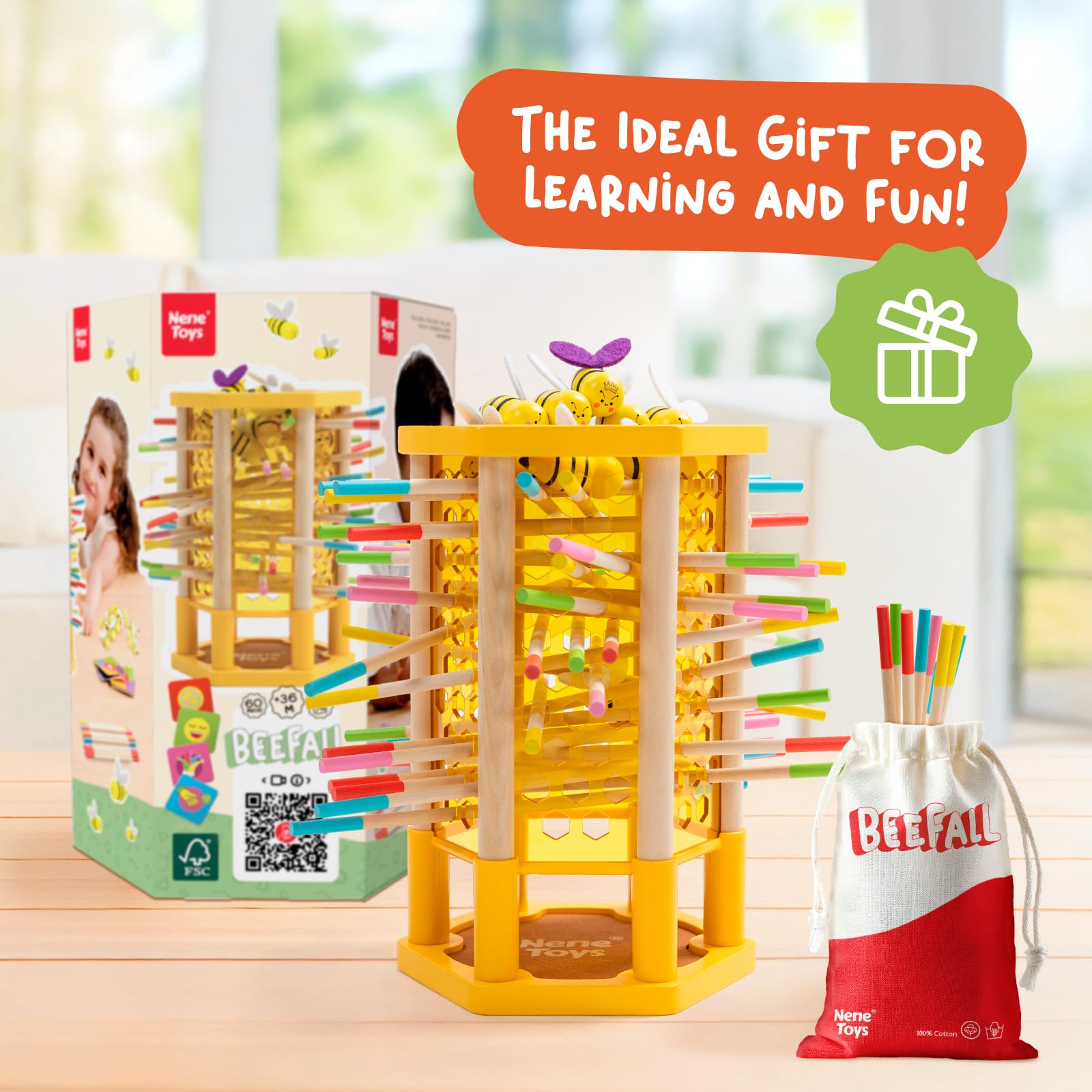 Nene Toys BEEFALL – Duża gra edukacyjna 4-w-1 z pszczołami – Drewniana gra Montessori dla dzieci 3-9 lat z kolorowymi patyczkami, kostkami i kartami – Zabawka rozwojowa dla chłopców i dziewczynek