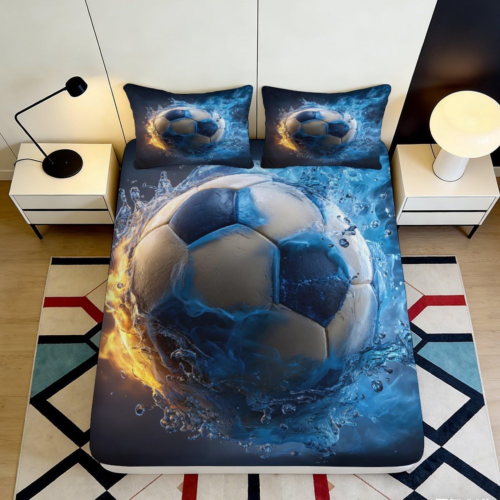 3D Printed Fire Splash Soccer Fitted Sheet Microfiber Blue Water Ball Bed Cover for Bedroom Dorm Mattress Decor 140x200x25cm