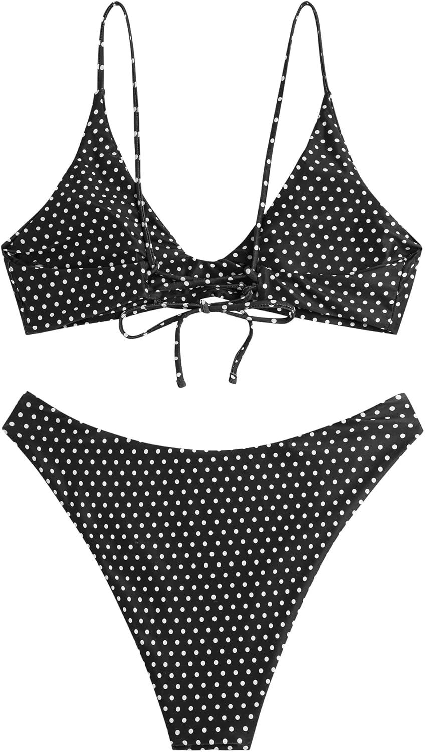 ZAFUL Women's Tie Back Padded High Cut Bralette Bikini Set Two Piece Swimsuit