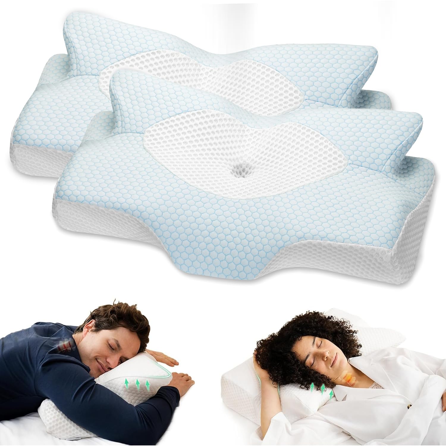 Elviros - 2 pacchi di cuscino in memory foam per cervicale, cuscino ortopedico per dolore al collo, cuscino ergonomico per il supporto della testa e del collo, per chi dorme di lato, sulla schiena o