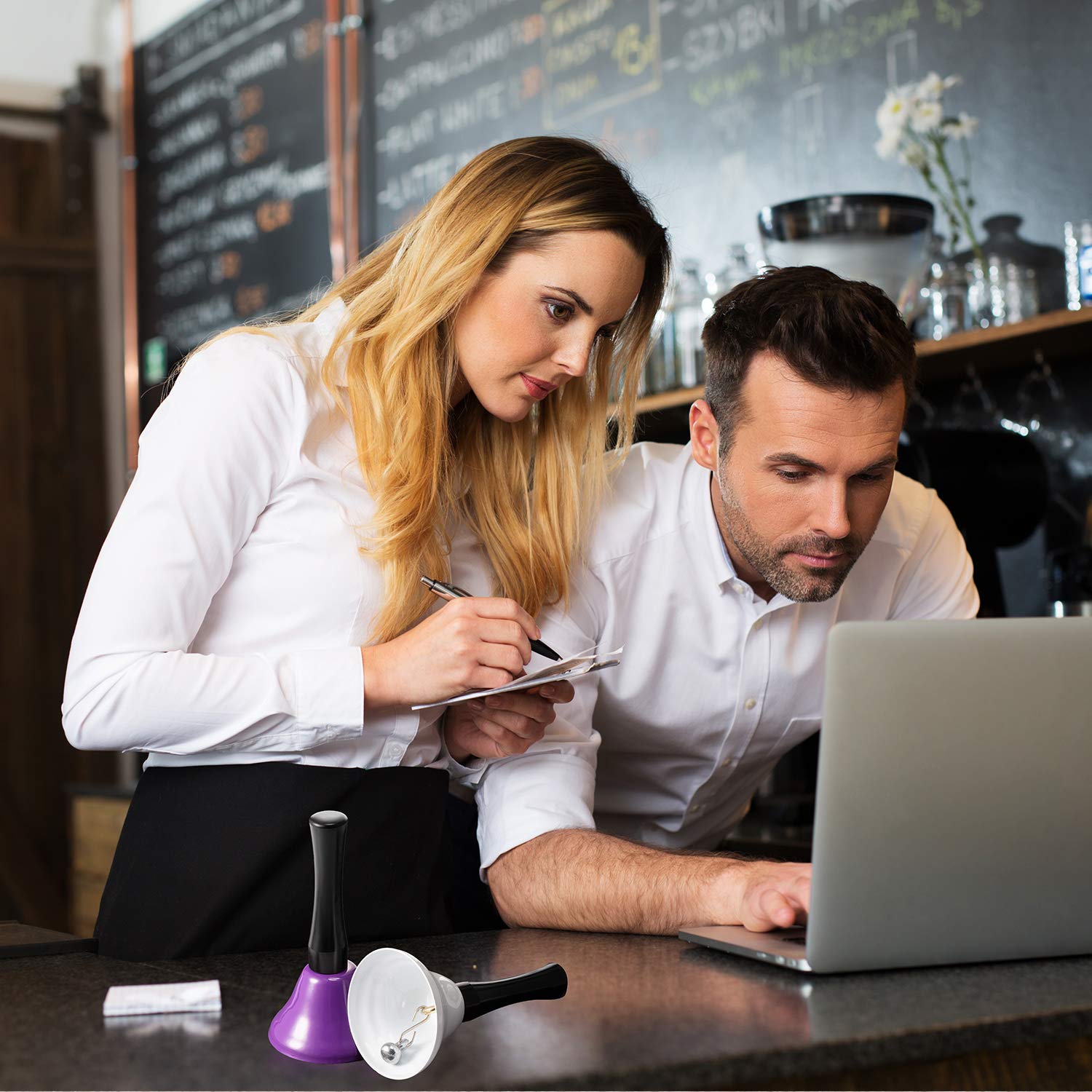 24 Pieces Metal Steel Hand Bell Call Service Hand Bells Colorful Note Handbell with Black Wooden Handles for School Dinner Calling Decor, 8 Colors