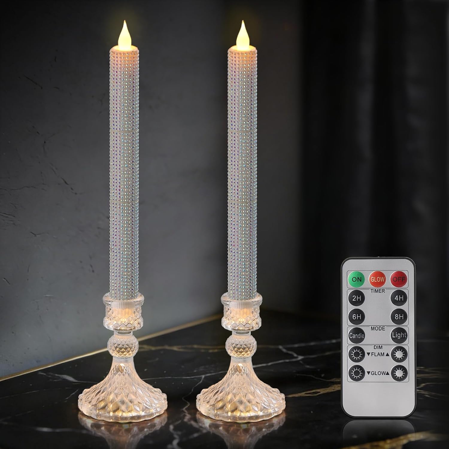 LED Flameless Taper Candles with Remote Control,Set of 2, Silver Glitter Finish, Crystal Glass Candlestick Holders, Timer Function (White LED)