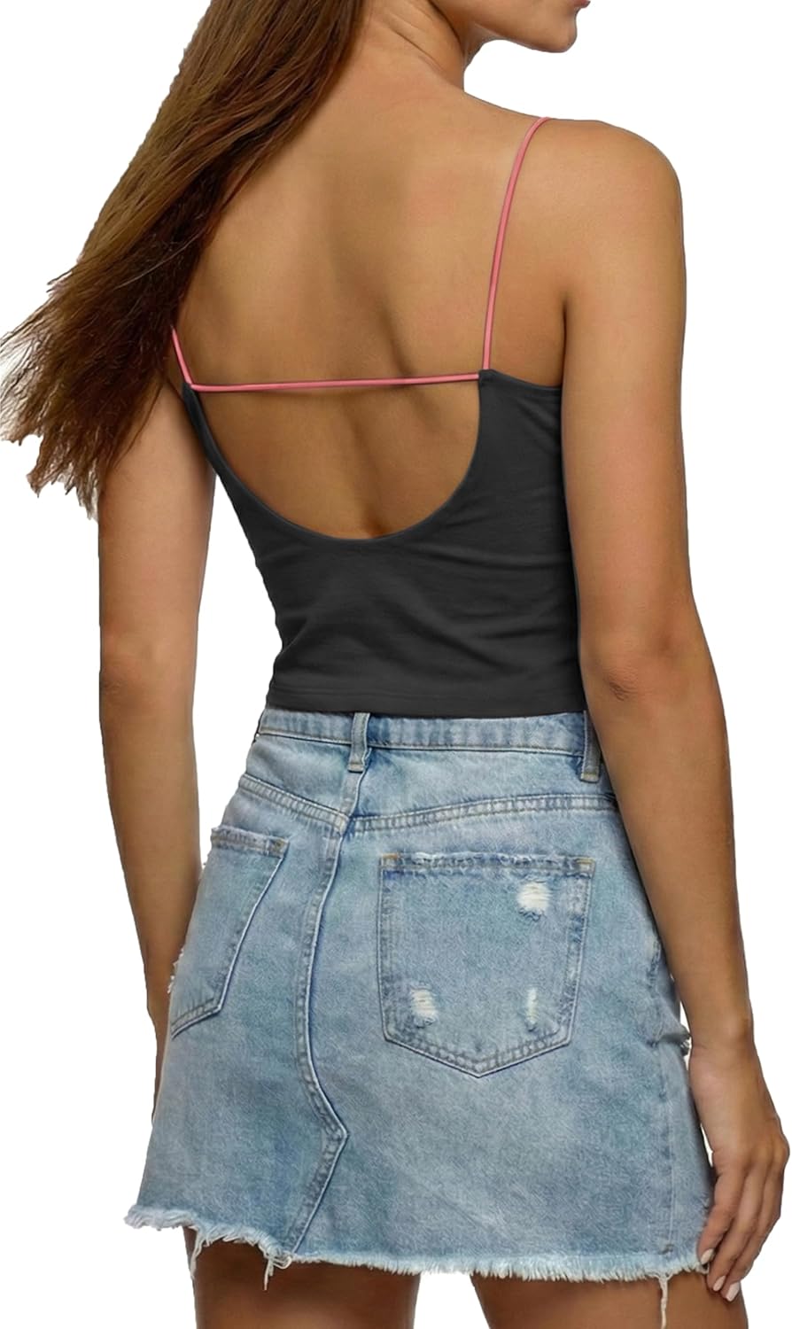 sissycos Women's V Neck Open Back Crop Cami, Built-in Bra Y2K Backless Tank Top with Elastic Contrast Strap