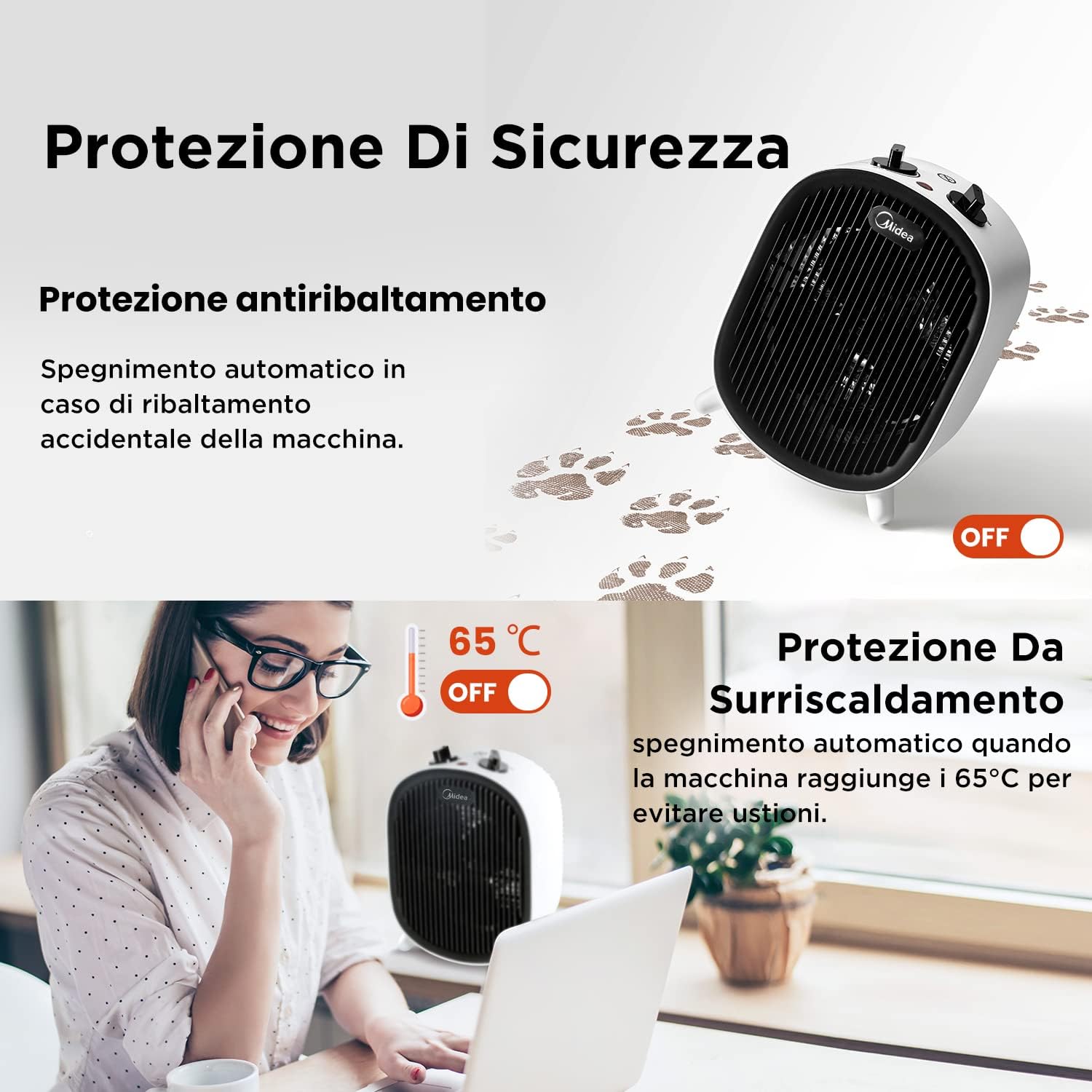 Midea Fan Heater showing tip-over and overheat protection