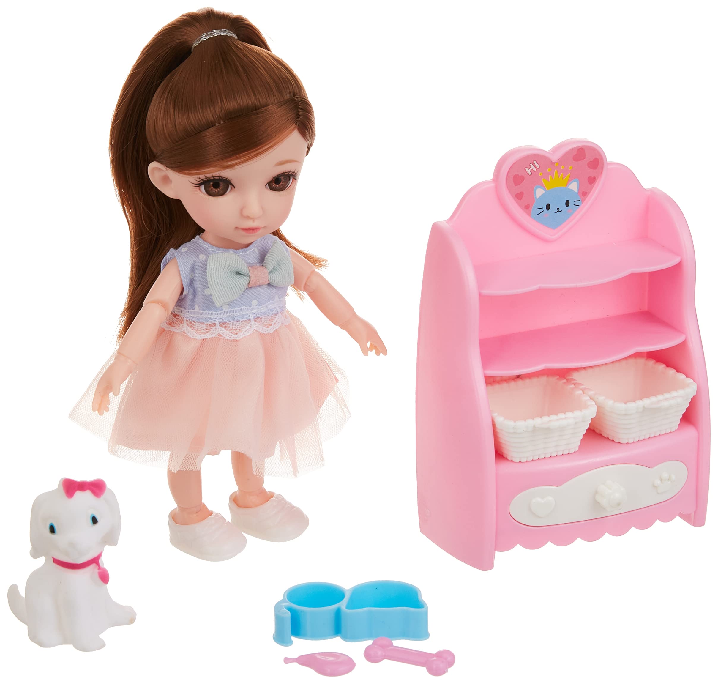 Sweet Annie Dogshow Playset, 6 Inches Poseable Doll with Dog Show Accessories, 13 Articulated Joints, Stylish Hair & Outfit, Pretend Pet Show Toy for Kids – White