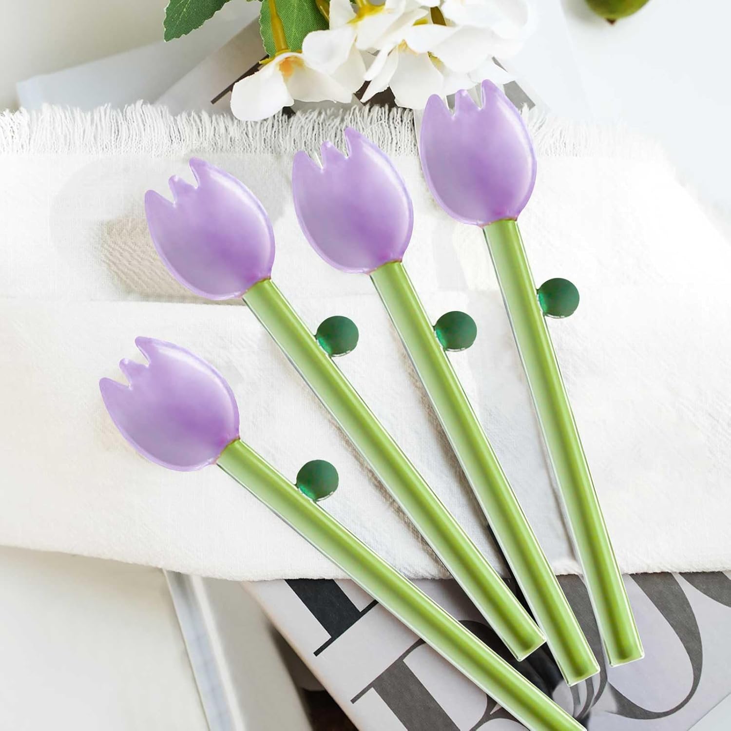 4 Pcs Borosilicate Color Transparent Glass Spoons,Cute Flower Long Handle Spoons for Ice Cream Dessert Coffee Stirring (Purple Bud Spoon) - Image 3