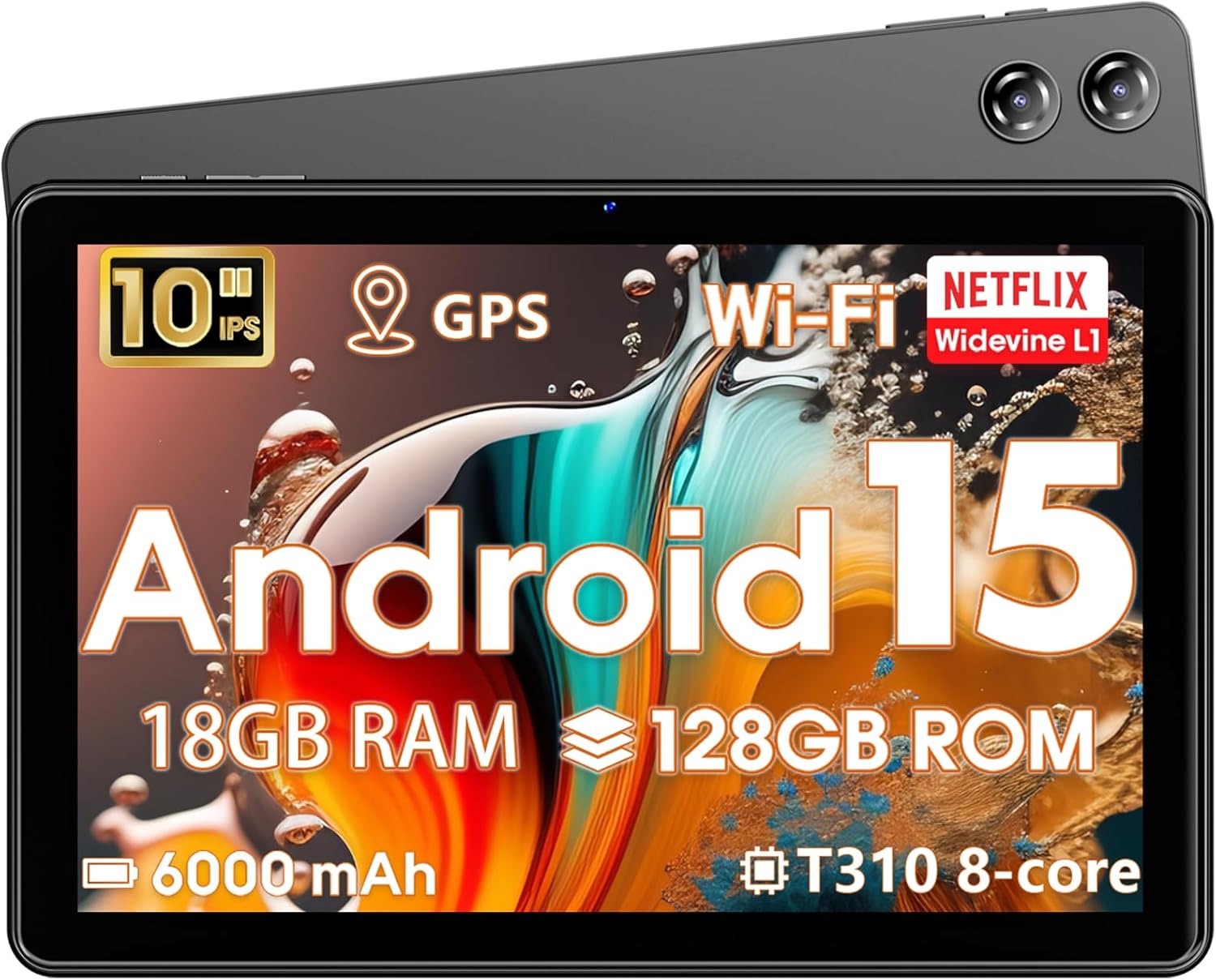 Tablet Android 15,10 Inch Tablets,18GB+128GB,1TB Expand,Widevine L1 Compatible Octa-Core Tablet with WiFi 5,BT5.2,6000mAh,T310 CPU,GPS,High Performance,Processor,Dual Camera(5MP+8MP)
