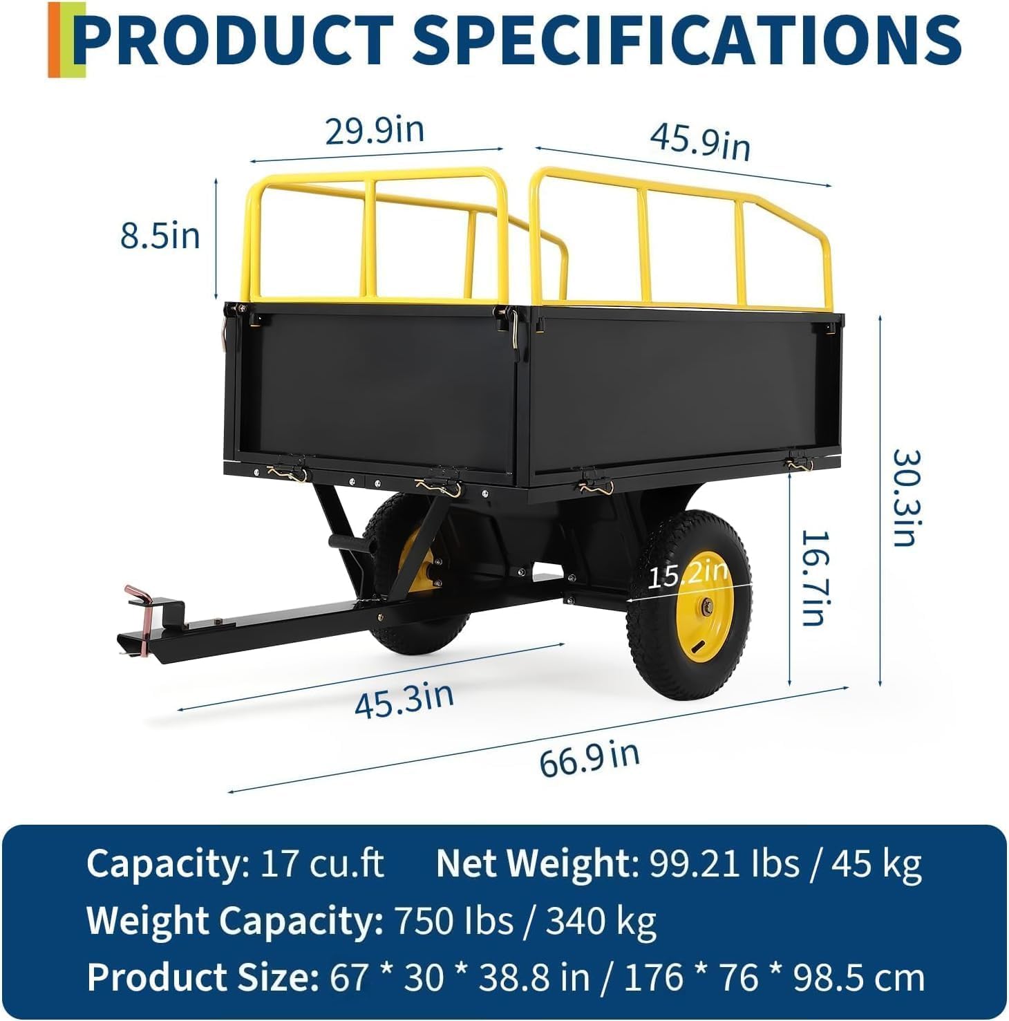 ATV UTV Trailer Tow Behind Dump Cart, 750Lbs 17 Cubic Feet, Heavy Duty Yard Garden Trailer Pull Behind Dump Trailer for Lawn Mower Tractor