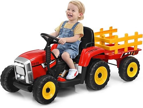 OLAKIDS Tractor de paseo de 12 V para niños, ruedas 2 en 1 con remolque desmontable, vehículo eléctrico con control remoto parental, cambio de 3