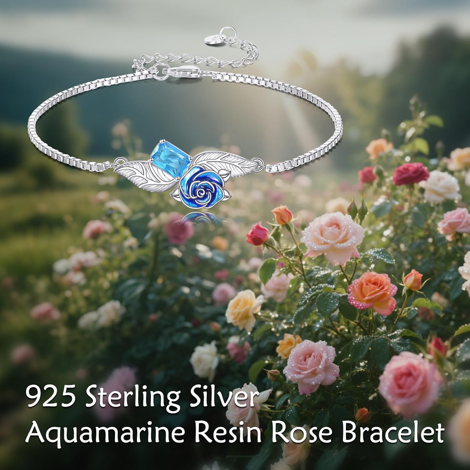 Created Aquamarine Bracelet with Blue Flower 925 Sterling Silver March Birthstone Aquamarine Bracelet with Box Chain Anniversary Jewelry Gift Women