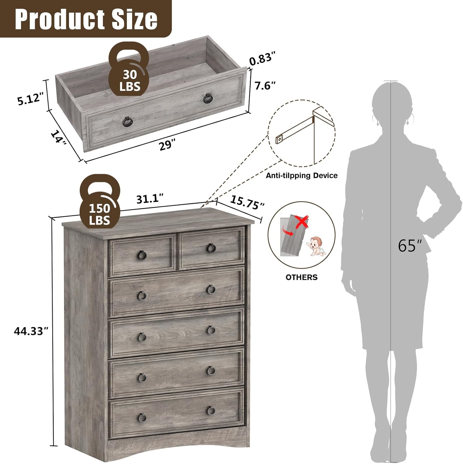 LGHM Modern Dressers for Bedroom with 6 Drawers, 6 Drawer Dresser, 44.33" Tall Chest of Drawers Closet Organizers & Storage Clothes - Easy Pull Handle, Textured Borders for Living Room, Hallway, Gray - Image 3