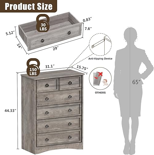 Miniatura 3 de LGHM Cómodas modernas para dormitorio con 6 cajones, cómoda de 6 cajones, cómoda de 44.33 pulgadas de alto, organizadores de armario y ropa de