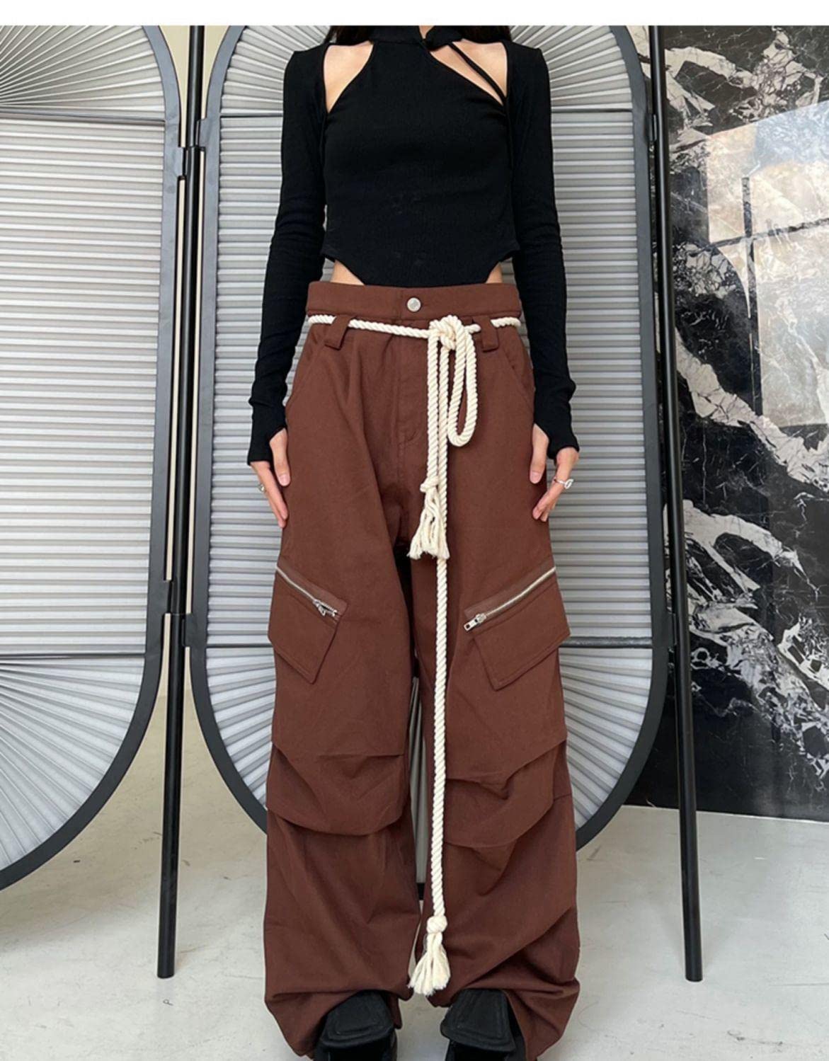 Pantaloni da paracadute Pantaloni Cargo per le Donne Baggy Harajuku Vita Bassa Y2K Pantaloni Grunge Pantaloni, Caffè, M