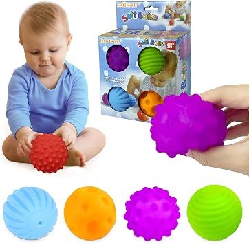 Baby Balls, 4 Pack Textured Multi Ball Set for Babies 3 Months+ | BPA-Free, Soft Easy-Grip Balls, Teething Play, Bright Colors, Tummy Time, Fine Motor & Sensory Play, Baby Sensory Gift