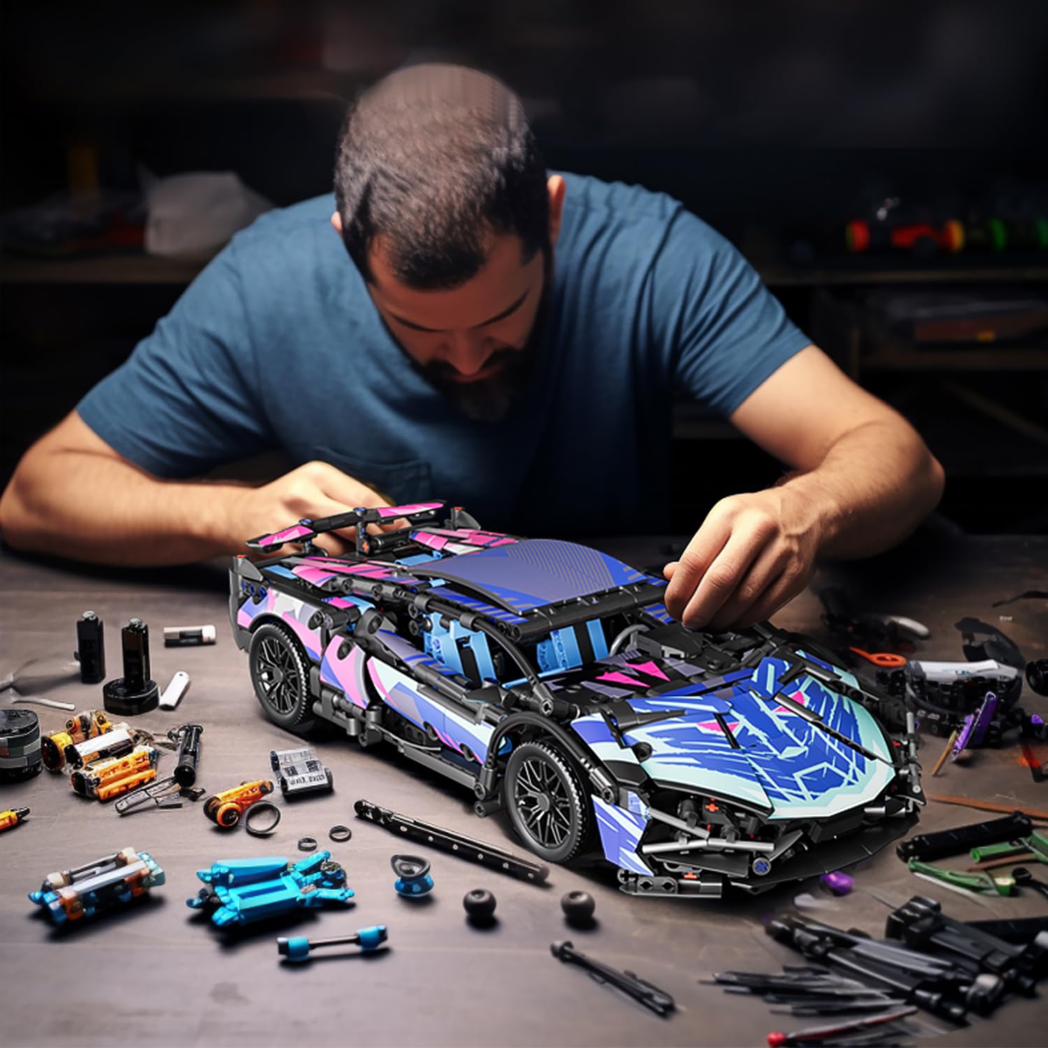 Sport Car Building Block Sets for Adults,Race Car with LED Lights Collectible 1:14 MOC Model Engineering Toy for Boys Boyfriends Men Teens Age 8+ 8-12 12 13 14