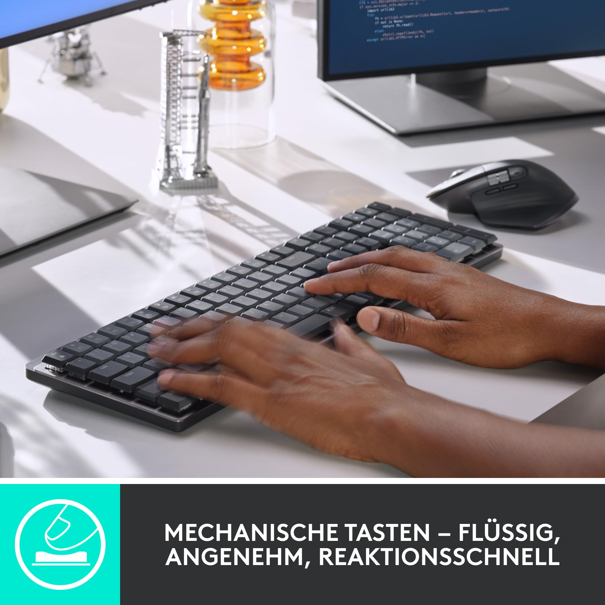 Logitech MX Mechanische kabellose beleuchtete Performance-Tastatur, Taktile leise Tasten, Hintergrundbeleuchtung, Bluetooth, USB-C, macOS, Windows, Linux, iOS, Android, Metall, Deutsches QWERTZ - Grau