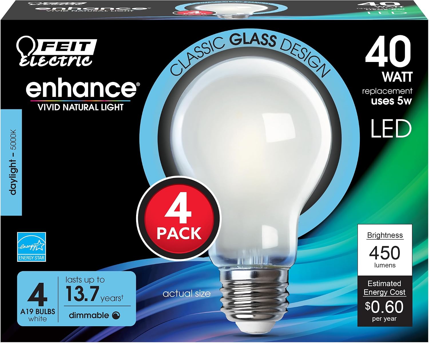 Feit Electric A19 LED Filament Light Bulbs, 40W Equivalent, Dimmable, E26 Standard Base, 450 Lumens, 5000K Daylight, 13 Years Lifetime, Frosted White LED Bulbs, Damp Rated, 4 Pack, A1940/950CA/FIL/4