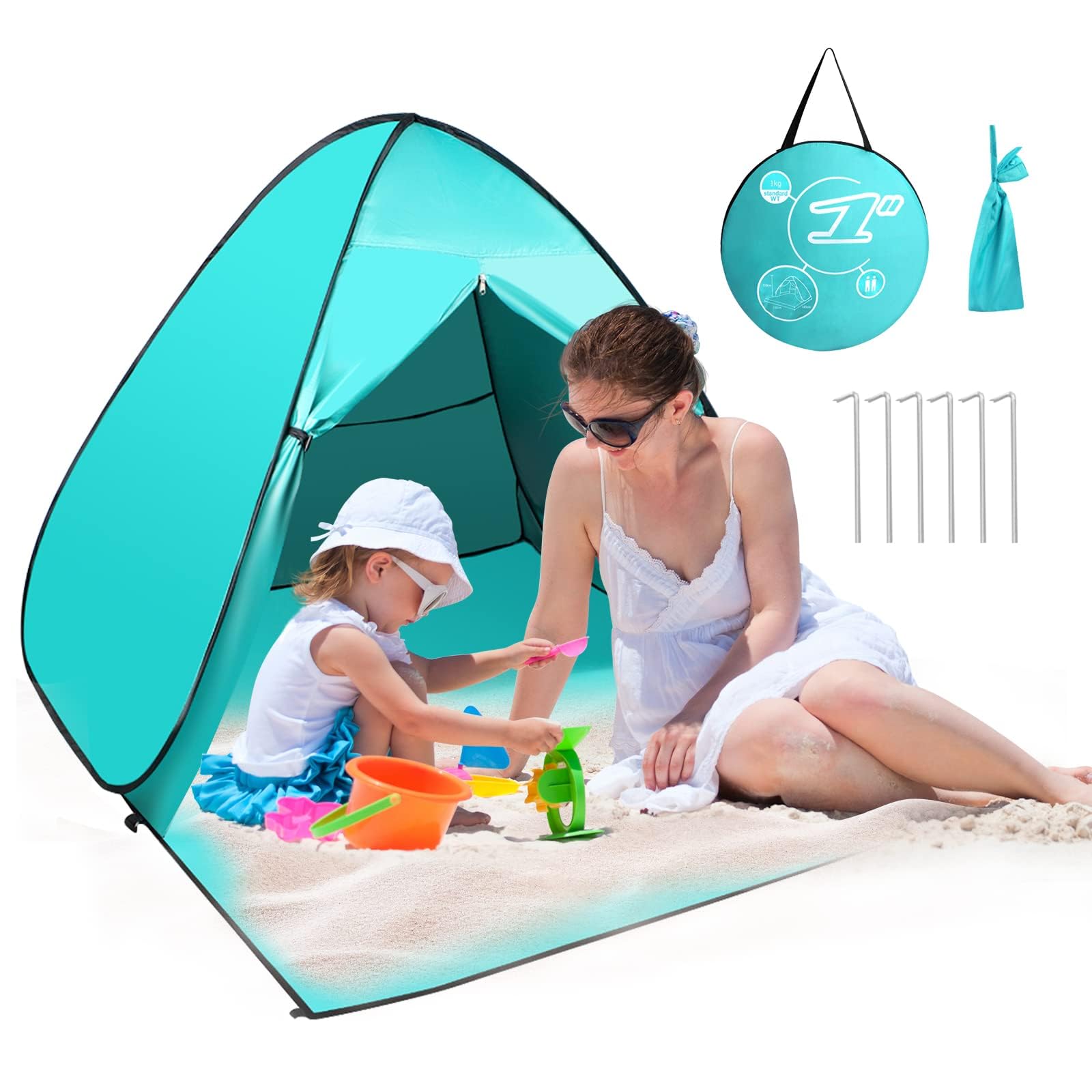 FBSPORT Tienda de campaña de playa desplegable con protección UV, protección contra el viento y puerta con cremallera, portátil, para 2-3 personas, familia, bebé, niños, playa, para exteriores,