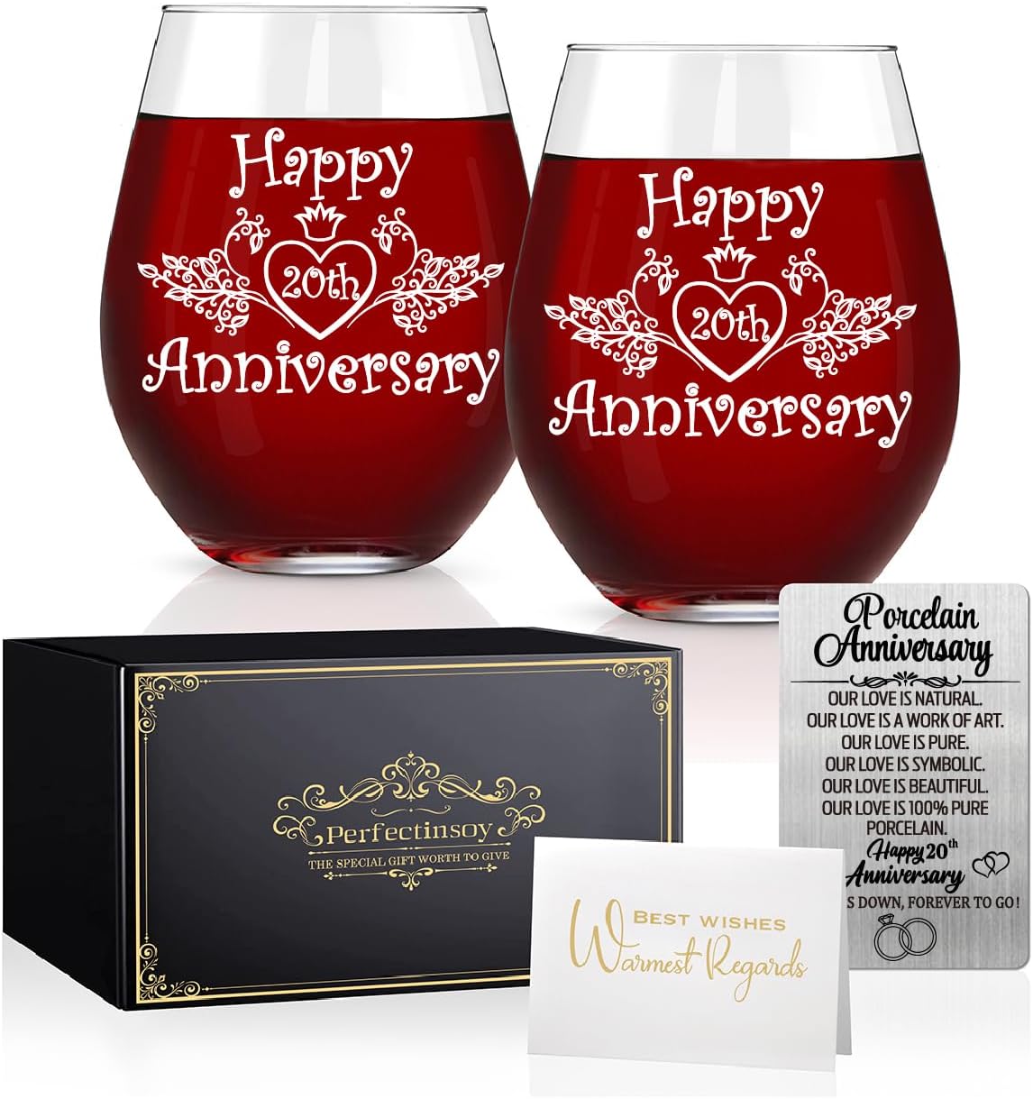Perfectinsoy Happy 20th Anniversary Wine Glass Set with Metallic Memorial Card, 20th Birthday Wedding Gift for Mom, Dad, Wife, Soulmate, Couple, Funny 20th Anniversary Milestone Gift