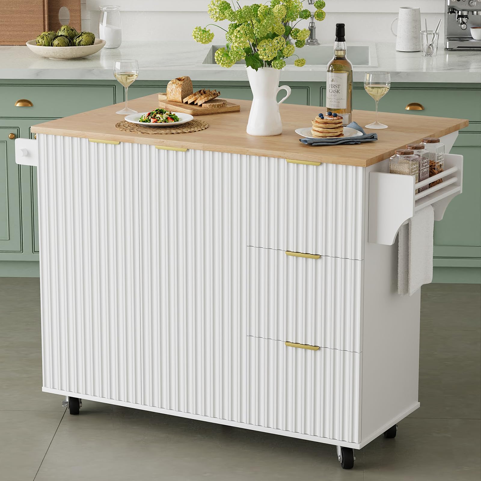 win2win Rolling Kitchen Island with Storage, Portable Kitchen Island with Drop Leaf Breakfast Bar, Modern Farmhouse Kitchen Cart on Wheels with Fluted Design, Towel Rack, Spice Rack, White