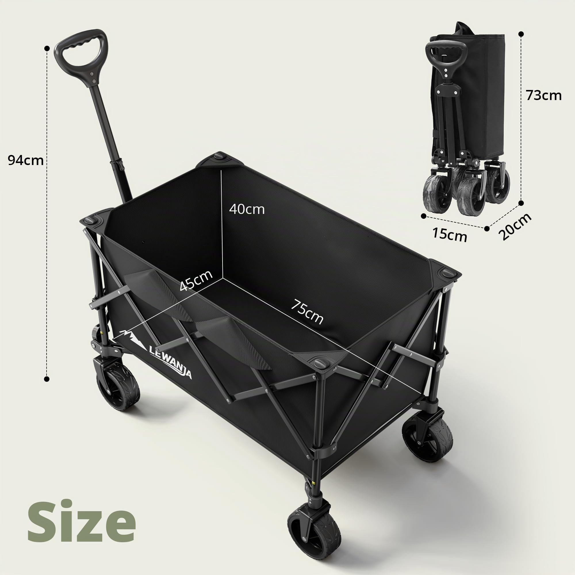 Zusammenklappbarer Transportwagen mit Rädern, 140 Liter Fassungsvermögen und 130 kg Tragkraft für Outdoor-Sport, Einkaufen, Camping und Gartenarbeit.
