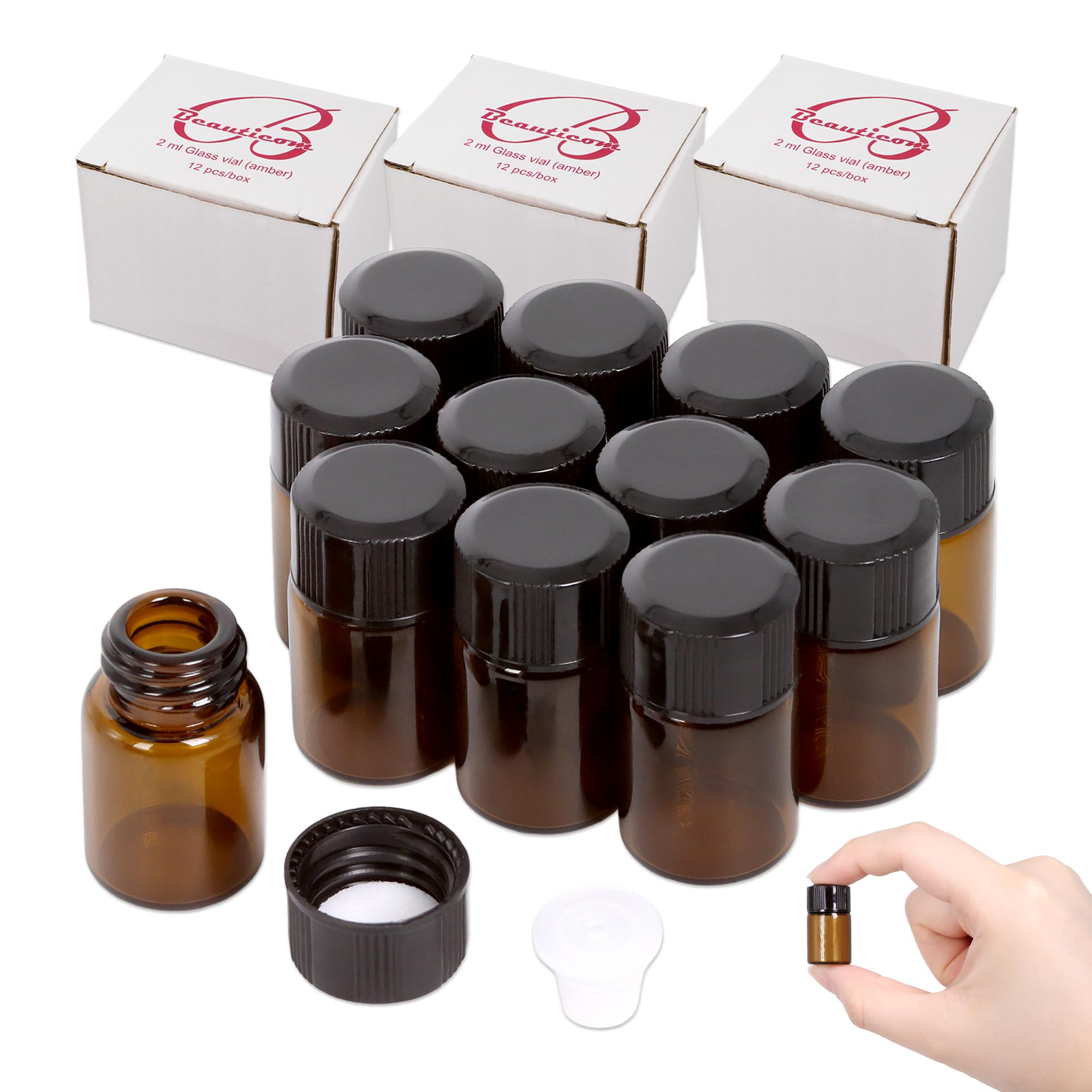 Amber Vials for Essential Oils 2 ml (5/8 dram) Amber Glass Essential Oil Bottle with Orifice Reducer and cap- 48 pack-image-6
