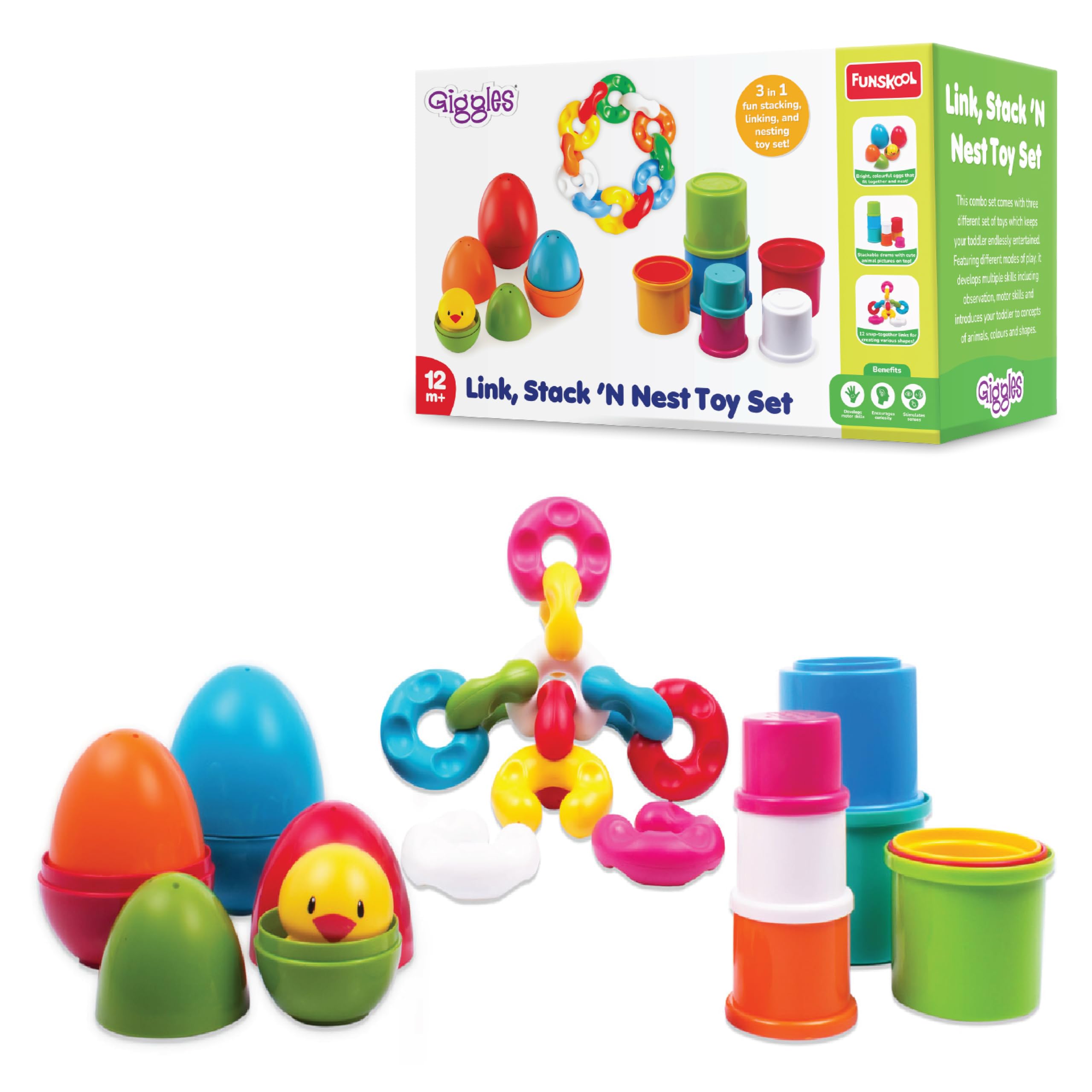 giggles funskool link stack n nest, nesting & stackable toy blocks for kids, encourages learning & development, fun activity for babies, gift set for kid, age 6+ months