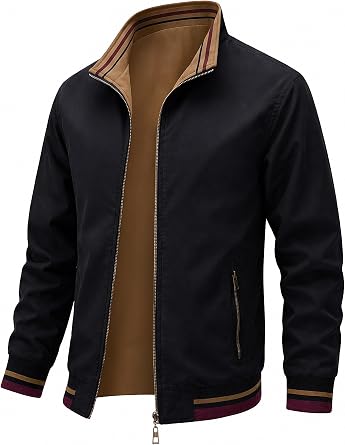 HISDERN Mens Jacket Reversible Lightweight Bomber Smart Casual Windbreaker