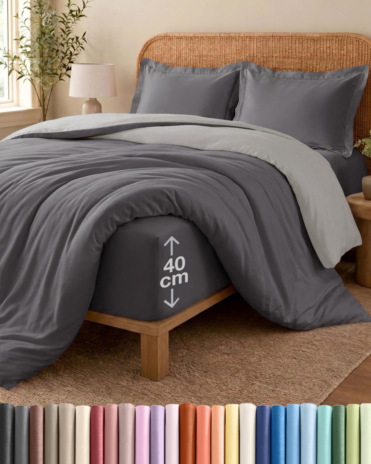 4 Piece Super King Dark Grey / Light Grey Duvet Cover Set - Duvet Cover & Fitted Sheet, 2 Pillowcases - 260x220cm + 150x200cm 40cm / 16" - Microfibre - Wrinkle & Fade Resistant, OEKO-TEX Certified