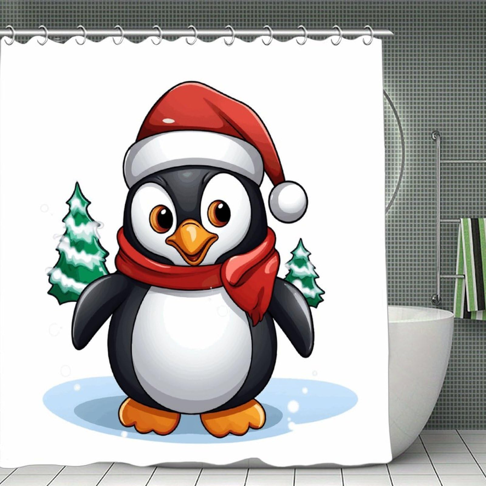 JTREHY Christmas Penguin Shower Curtain Waterproof Bathroom Shower Curtain Machine Washable Bath Curtains Polyester Cloth Bath Curtains for Bathroom Showers 70.8×70.8Inch