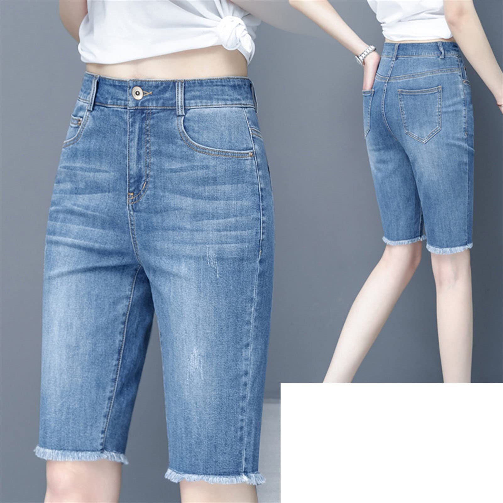 Women's Regular Fit Rolled Hem Bermuda Short Hem High-Rise Jean Short Classic Fit Roll Cuff Slimming Short (Large,Light Blue)