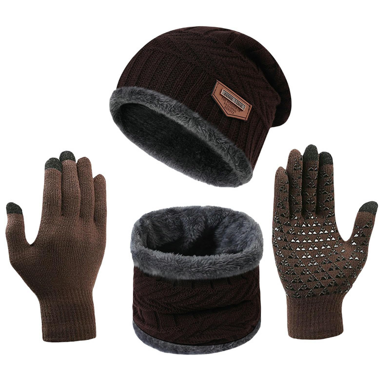Evita el frío con este conjunto de gorro, bufanda y guantes táctiles de lana marrón