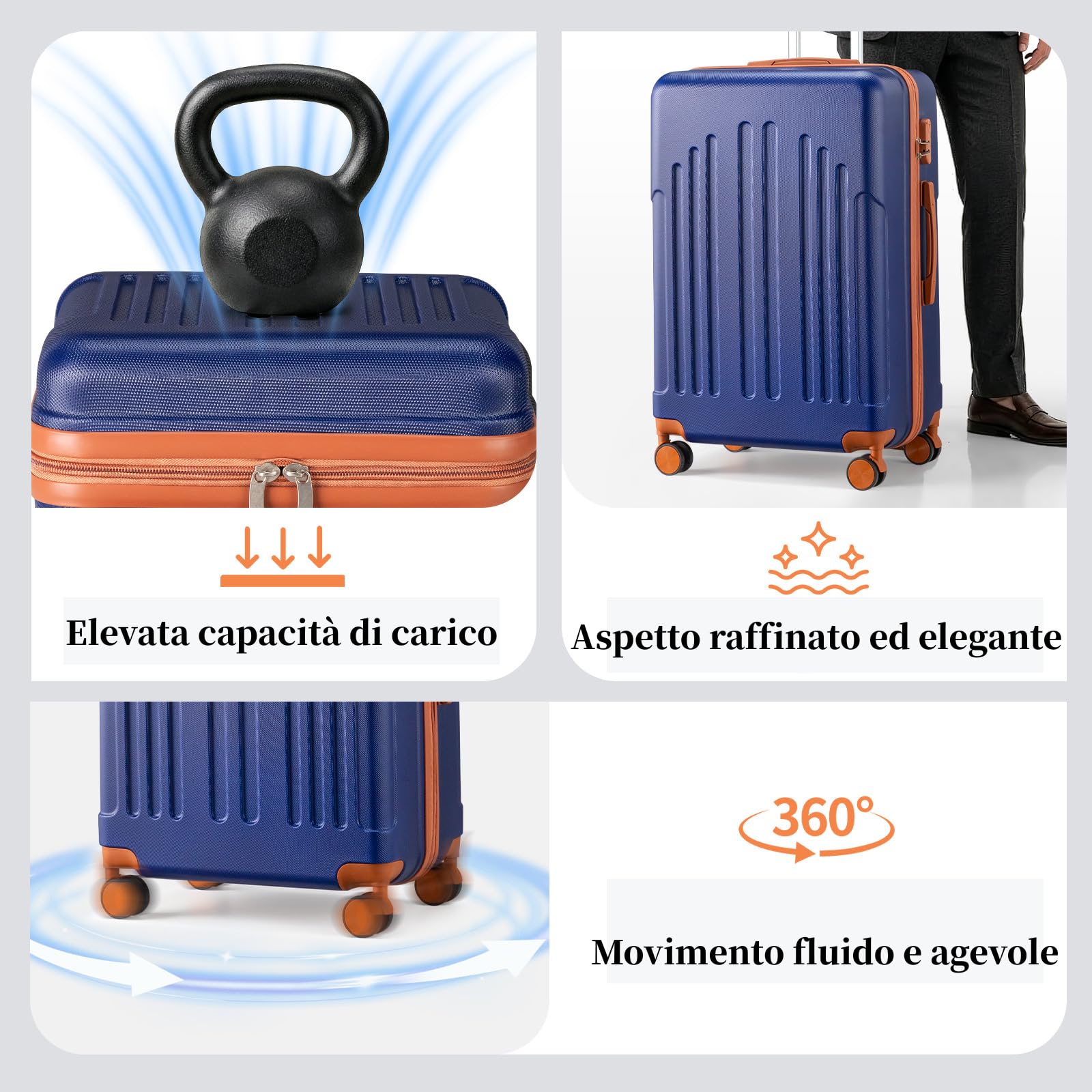 LEADZM Set di Valigie Rigide 4 Pezzi con Beauty Case, Set Valigie in ABS, Luggage Suitcase Grande 23 kg con 4 Ruote Girevoli Doppie (Blu Navy-Marrone)
