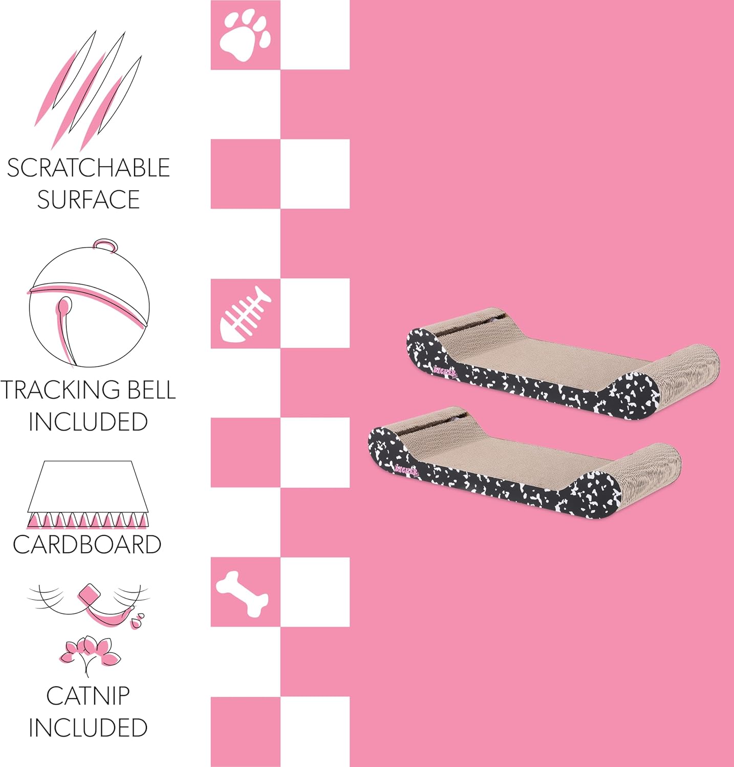 CSR1003B-SET2 Rini 23.75" Modern Cardboard Lounge Bed Cat Scratcher with Built-in Bell Toys and Catnip, Black/White (Set of 2)