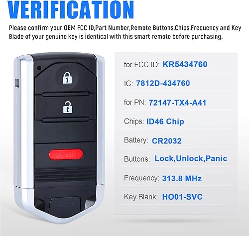 Miniatura 3 de Reemplazo de llavero remoto de entrada sin llave para Acura RDX 2013 2014 2015 FCC ID: KR5434760 P/N: 72147-TX4-A41 3 botones