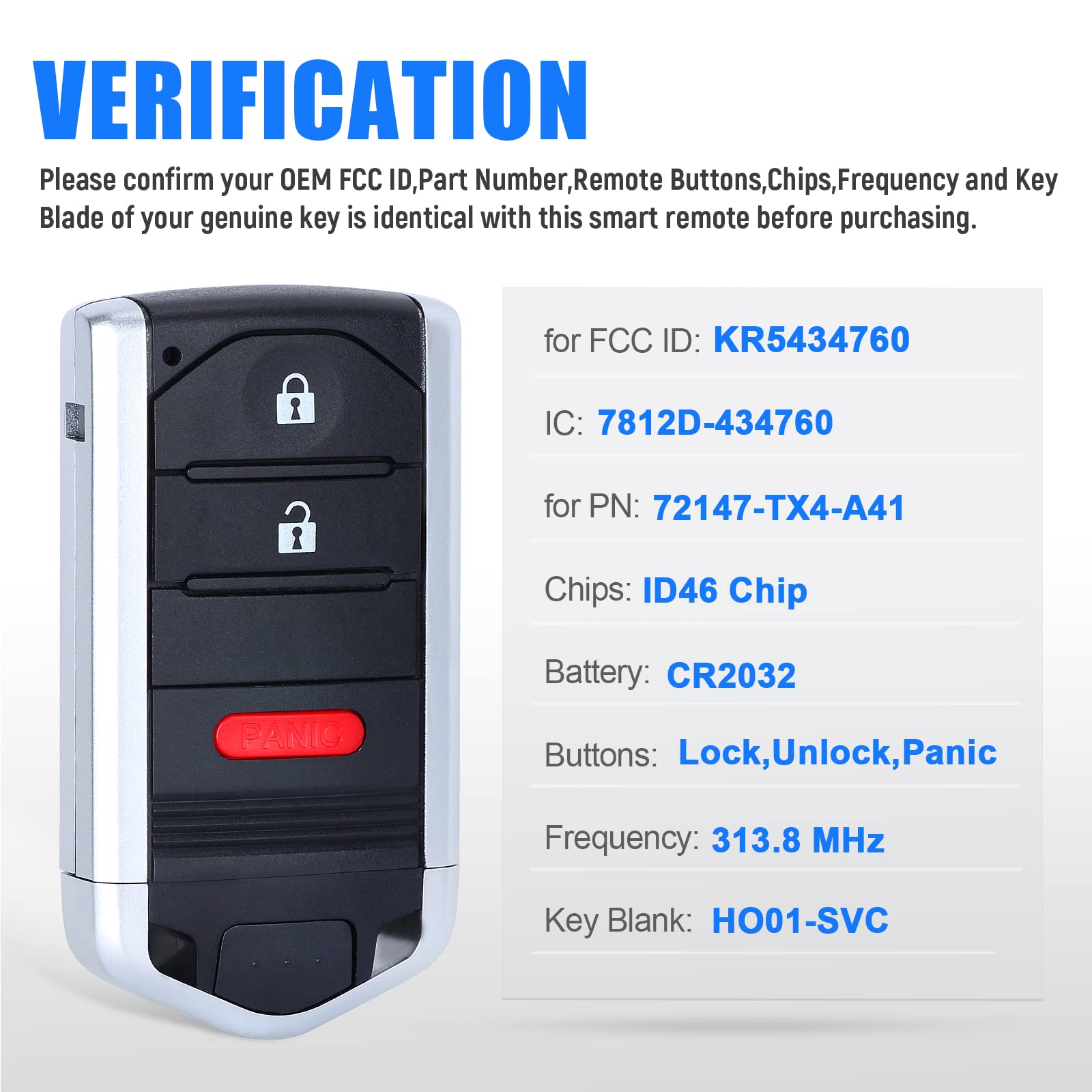Keymall Keyless Entry - Telecomando di ricambio per Acura RDX 2013 2014 2015 FCC ID: KR5434760 P/N: 72147-TX4-A41 3 pulsanti