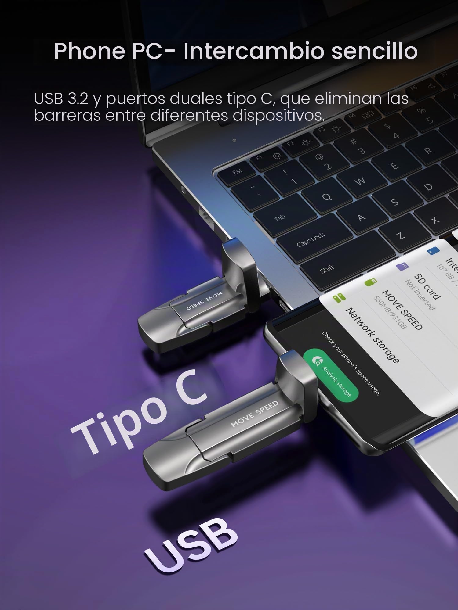 MOVE SPEED Memoria USB C de 128 GB – Memoria USB de Alta Velocidad con 1000 MB/s, USB 3.2 Gen2 y Tipo C Dual, con Llavero y Funda de Piel