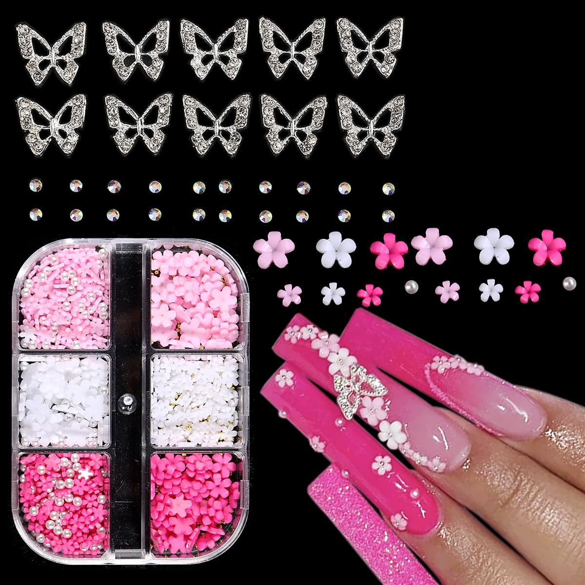 Fcozpjk Flower Nail Charms, 3D Acrylic Flowers Petals Colorful Floral Nail Gems Gold Silver Butterfly Charms Tiny Caviar Beads Pearl Rhinestones Manicure Decoration