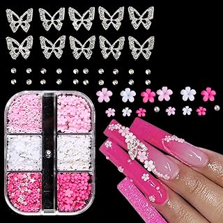 3D Flowers for Nails, 3D Flowers Nail Charms, Metal Butterfly Nail Charms with Nail Gems, Pink White Acrylic Flowers for Nail Decoration, Y2K Nail Art Accessories, Nail Decoration Kits for Women