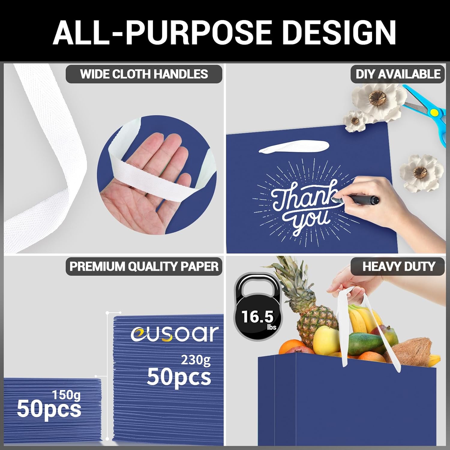 EUSOAR Blue Gift Bags with Handles, 50 pack 12.5"x4.5"x11" Kraft Paper Shopping Bags with Handles Bulk, Retail Wrapping Bags for Business, Craft Grocery, Boutique, Party Favor, Wedding - Image 3