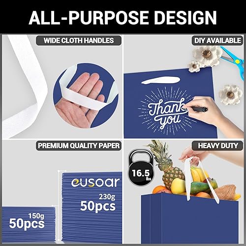 Miniatura 3 de EUSOAR Bolsas de regalo azules, paquete de 50 bolsas de papel de 12.5 x 4.5 x 11 pulgadas con asas a granel, bolsas de envoltura al por menor para