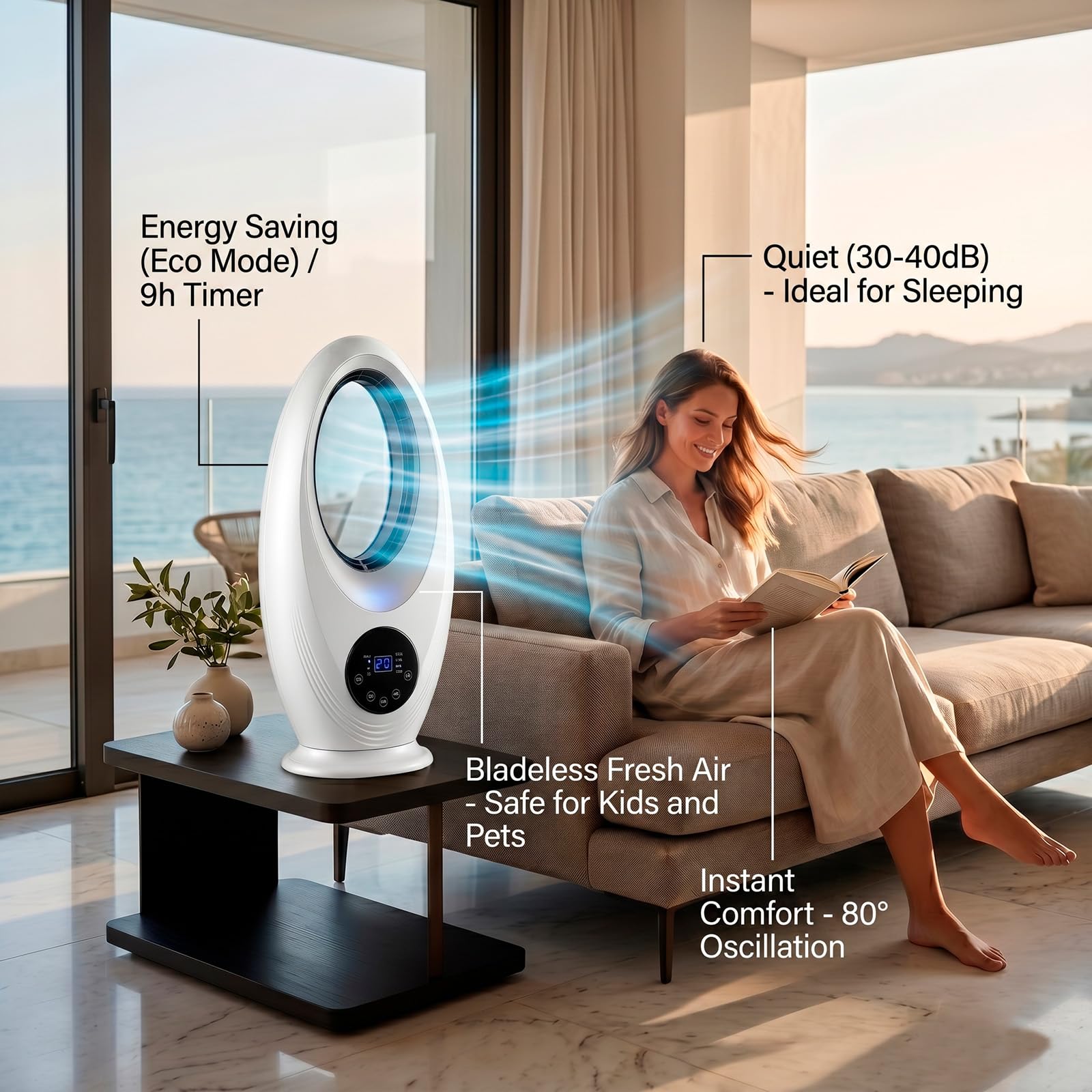 Ventilatore a Torre Senza Pale | Rotazione 60º | Telecomando | 3 Livelli di Velocità | Timer 7,5 ore | Condizionatore Portatile | con Luce Notturna | Casa