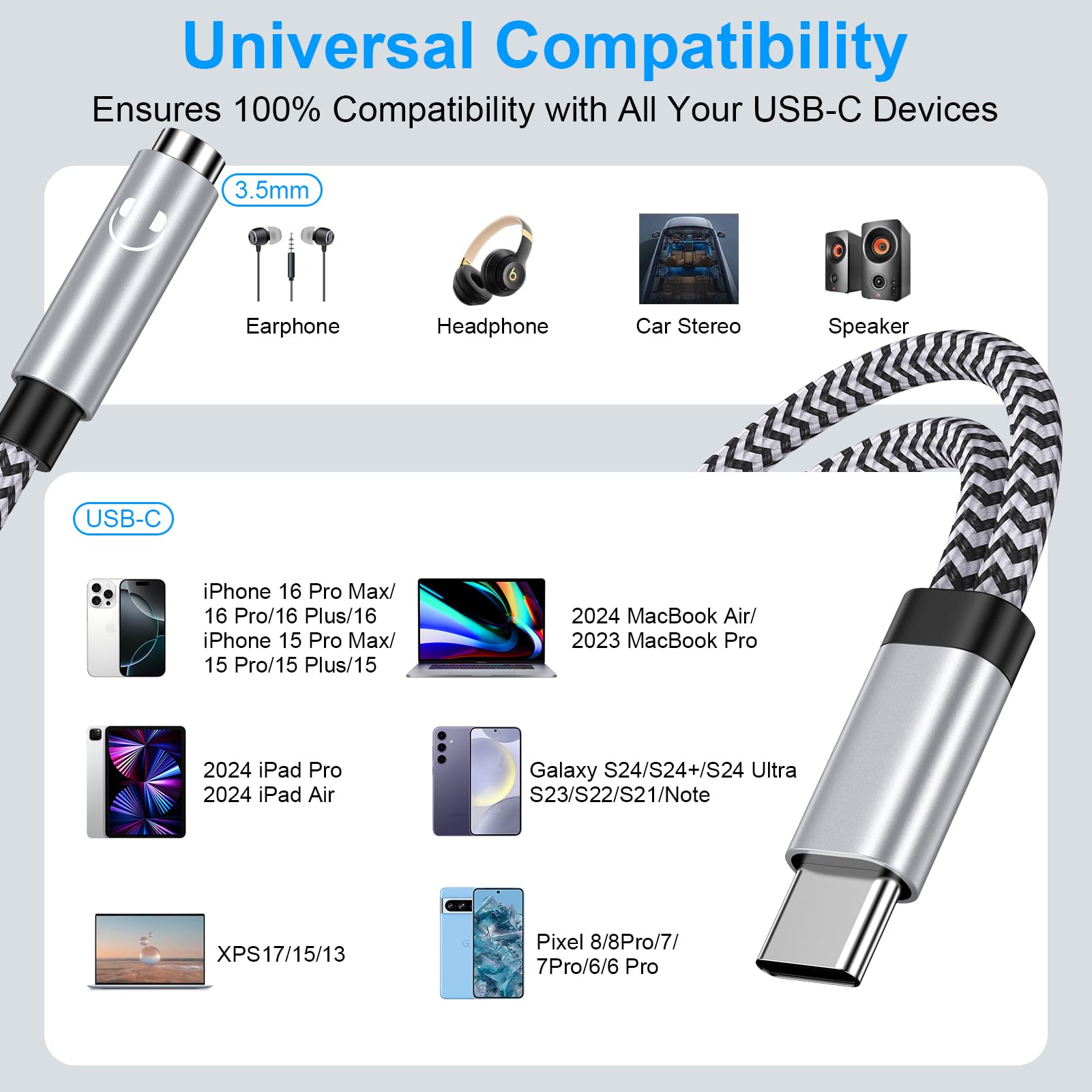 Adaptateur USB C Jack 3,5mm 2 en 1 pour iPhone 17 Pro Max Samsung Galaxy S26 S25 Xiaomi Google Pixel