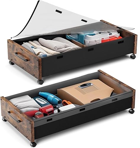 Miniatura 1 de Almacenamiento debajo de la cama con ruedas, 2 paquetes de contenedores de almacenamiento de madera extra grandes para debajo de la cama, cajones de