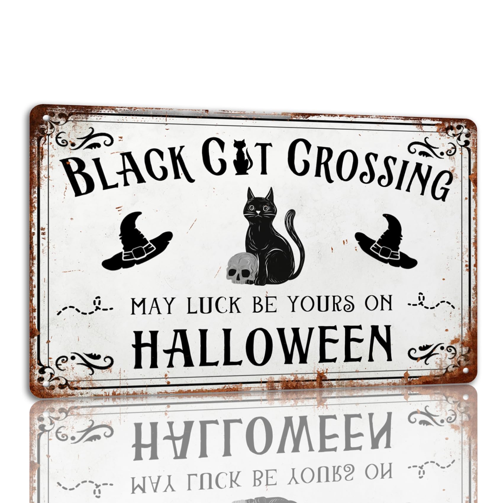 SMAZDFXX Cat Crossing Tin Sign Halloween Metal Signs Autumn Witch Ghost Pumpkin Wall Decor Sign For Home Kitchen Cafe 5.5"x8"
