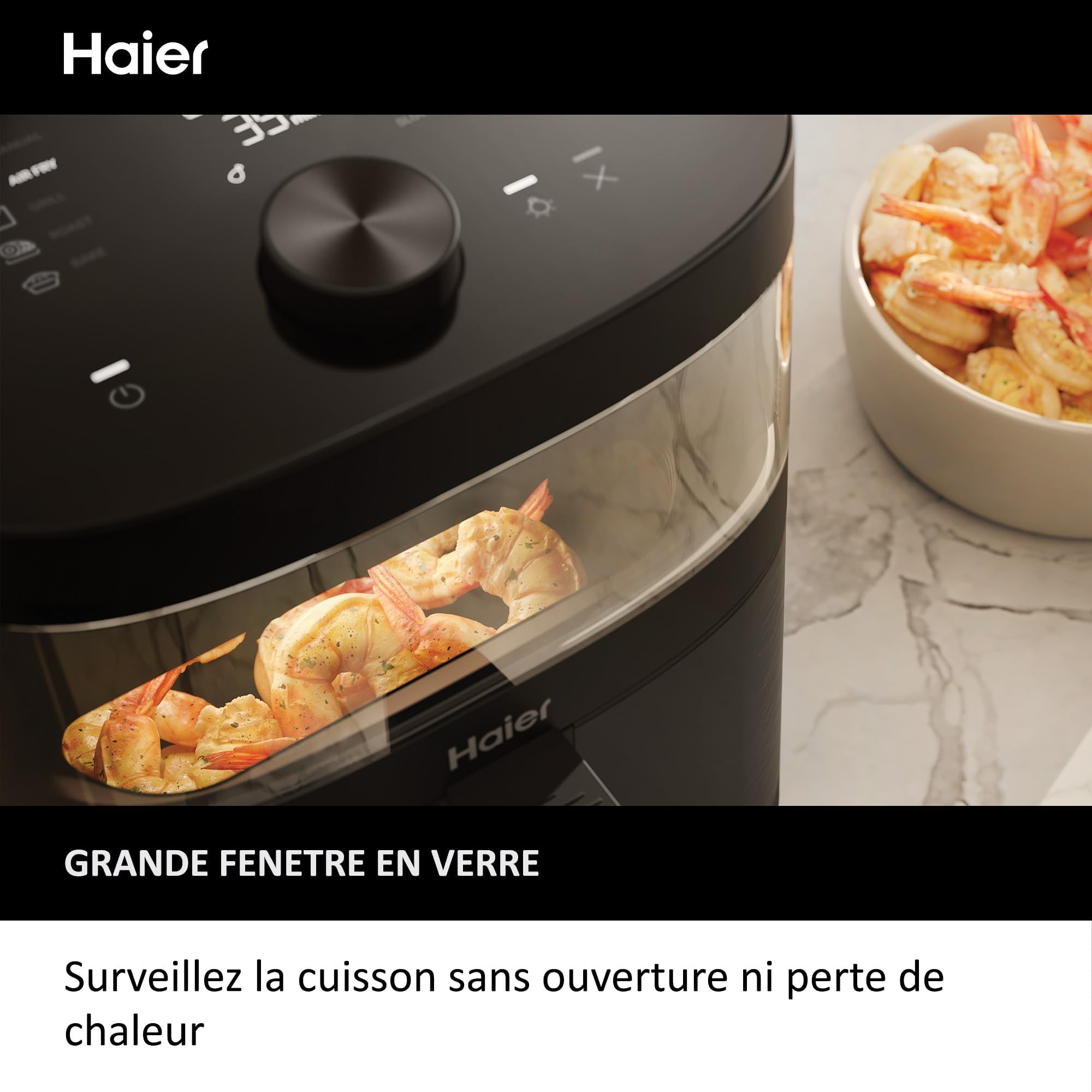 Haier Air Fryer XXL I-Master Serie 5 Friteuse Sans Huile, Capacite 7L jusqu'à 6 personnes, Fenêtre de Contrôle, Cuisson à l'Air Chaud,Rôtissage,Gril, Cuisson Lente, Décongélation, Yaourt, Noir