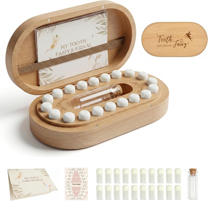 Soporte para dientes de hada de los dientes, caja de recuerdos para dientes de bebé, unisex | Madera de primera calidad