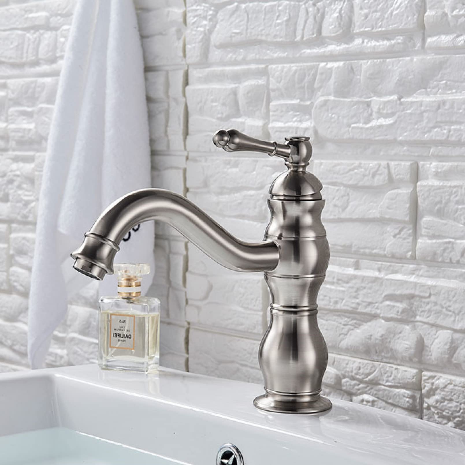 Itnxvkges Brushed Nickel Bathroom Basin Sink Faucet Deck Mount Single Handle Swivel Spout Washing Basin Taps Antique Bras Basin Mixer Tap